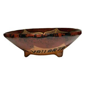 Mexican Pottery Footed Bowl Vallarta Signed Flower Gold Paint Lined 5.5" Folk